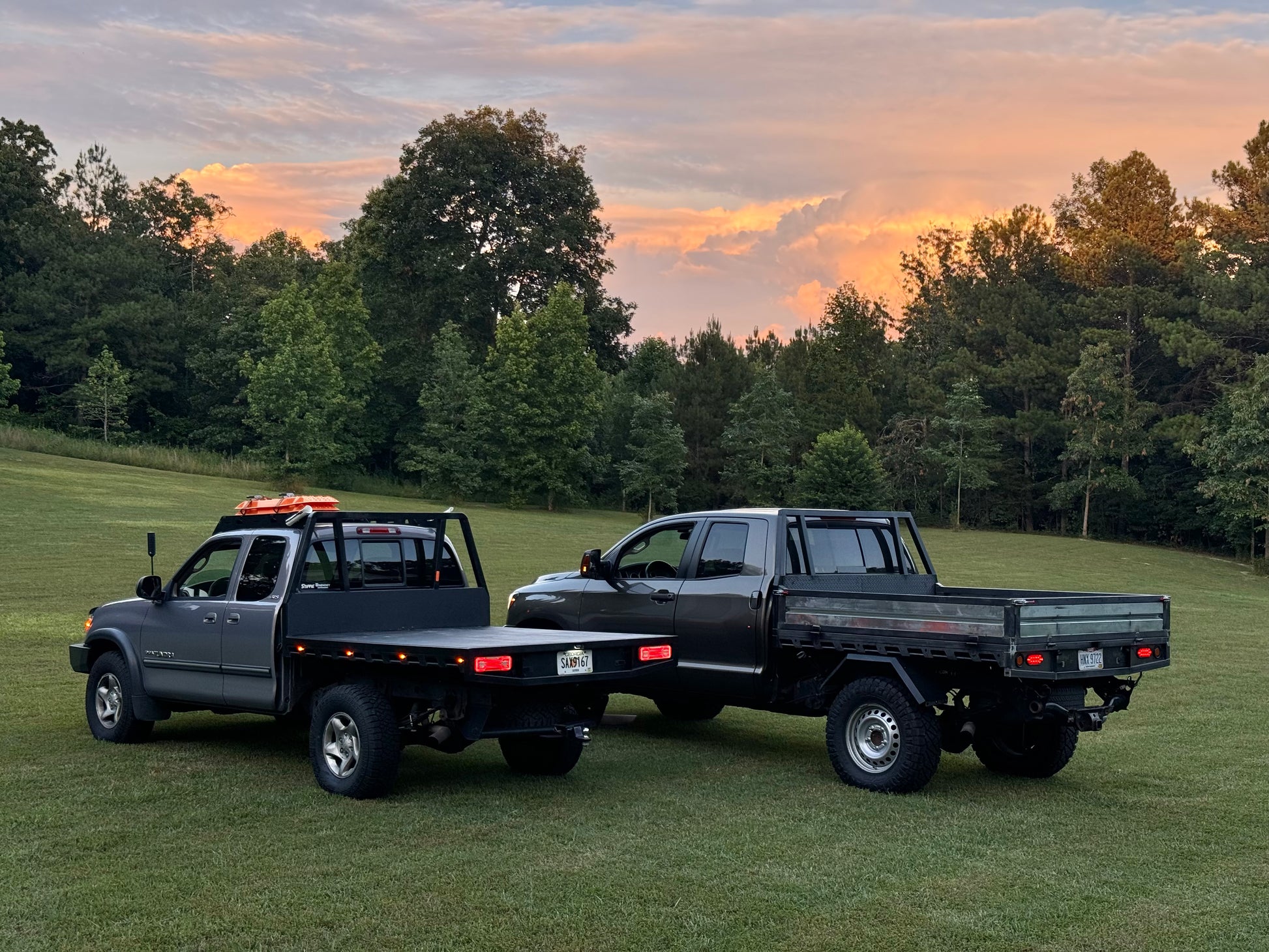 Two Toyota's with custom Australian flatbeds on them. both custom fabricated ute style flatbeds made right here in the USA in Ringgold Georgia